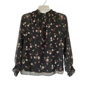 NWOT Madewell Women's Size XXS 2XS Black Floral Smocked Neck Blouse Top